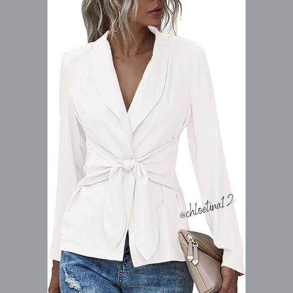 Women's V Neck Blazer Jacket Self Tie Knot White or Choose Color - Picture 1 of 14